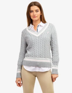 U.S. Polo Assn. TIPPED CABLE V-NECK SWEATER -Glimmera Cloth Shop 21050C1A LTGY 63778
