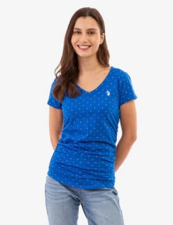 U.S. Polo Assn. DOT PRINT RUCHED SIDE V-NECK T-SHIRT -Glimmera Cloth Shop 2158441H LAPB 83155