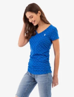 U.S. Polo Assn. DOT PRINT RUCHED SIDE V-NECK T-SHIRT -Glimmera Cloth Shop 2158441H LAPB 83157