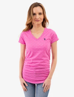 U.S. Polo Assn. DOT PRINT RUCHED SIDE V-NECK T-SHIRT -Glimmera Cloth Shop 2158441H PKPZ 83164
