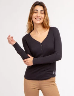 U.S. Polo Assn. LONG SLEEVE WAFFLE KNIT HENLEY TOP WITH RHINESTONE BUTTONS -Glimmera Cloth Shop 2158759M BLCK 69166