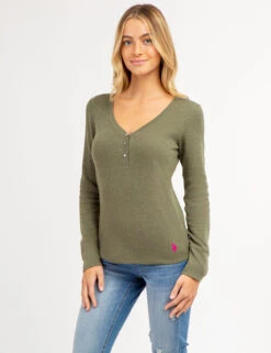 U.S. Polo Assn. LONG SLEEVE WAFFLE KNIT HENLEY TOP WITH RHINESTONE BUTTONS -Glimmera Cloth Shop 2158759M WNHT 66707