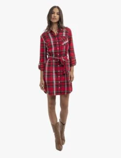 U.S. Polo Assn. LONG SLEEVE PLAID TIE DRESS -Glimmera Cloth Shop 215880 RED PLAIDDRESS 15876