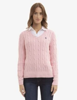 U.S. Polo Assn. V-NECK CABLE PULLOVER SWEATER -Glimmera Cloth Shop PINKCABLEKNITVNECK 4026