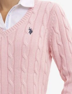 U.S. Polo Assn. V-NECK CABLE PULLOVER SWEATER -Glimmera Cloth Shop PINKCABLEKNITVNECK 4032