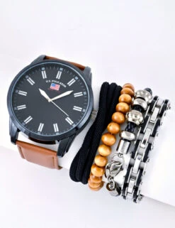 U.S. Polo Assn. MEN'S OVERSIZED BLCK BRN WATCH & BRACELETS SET