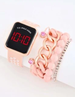 U.S. Polo Assn. LADIES LED SQUARE FACE WATCH & STACKABLE BRACELETS SET