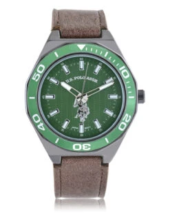 U.S. Polo Assn. MEN'S BROWN STRAP WITH GREEN DIAL ANALOG WATCH -Glimmera Cloth Shop USC50603UO 4647