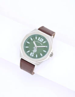 U.S. Polo Assn. MEN'S BROWN STRAP WITH SILVER CASE ANALOG WATCH