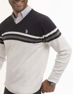 U.S. Polo Assn. SOFT ENGINEERED STRIPE V-NECK SWEATER -Glimmera Cloth Shop USUF3S5893 WNWH 0575